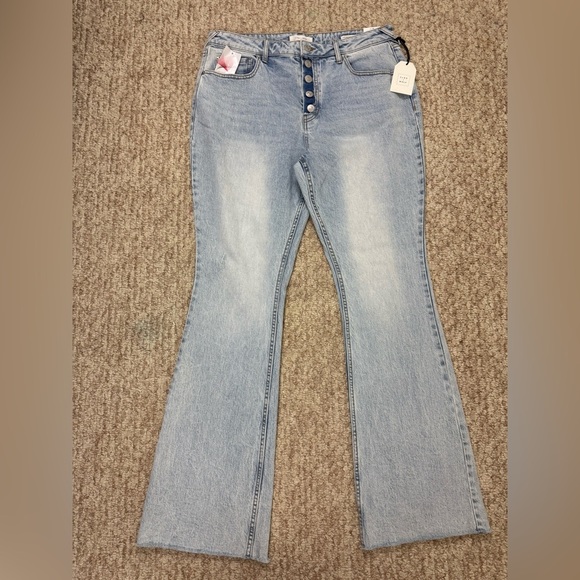 Cleo + Wolf Jeans Women's 31W/34L Blue High Rise Bootcut Raw Hem Button Fly Pant - Picture 2 of 11